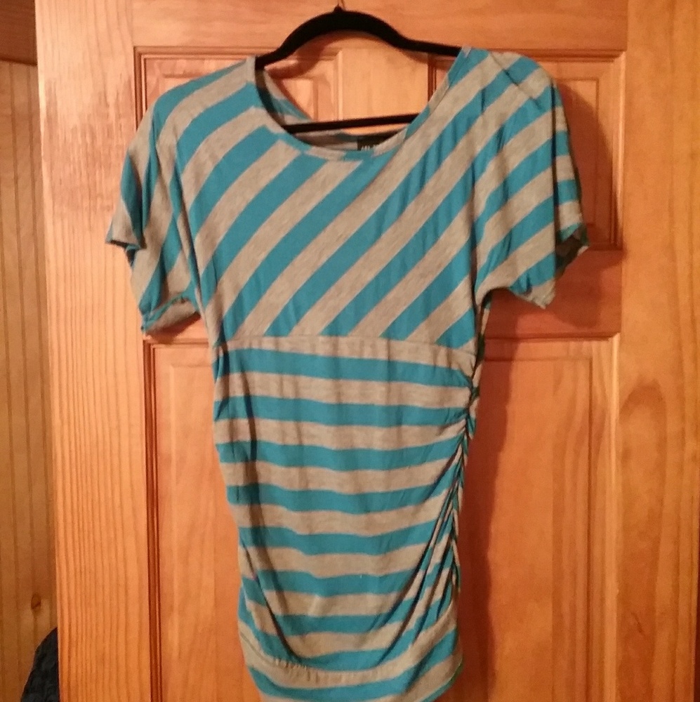 Grey and blue shirred batwing top